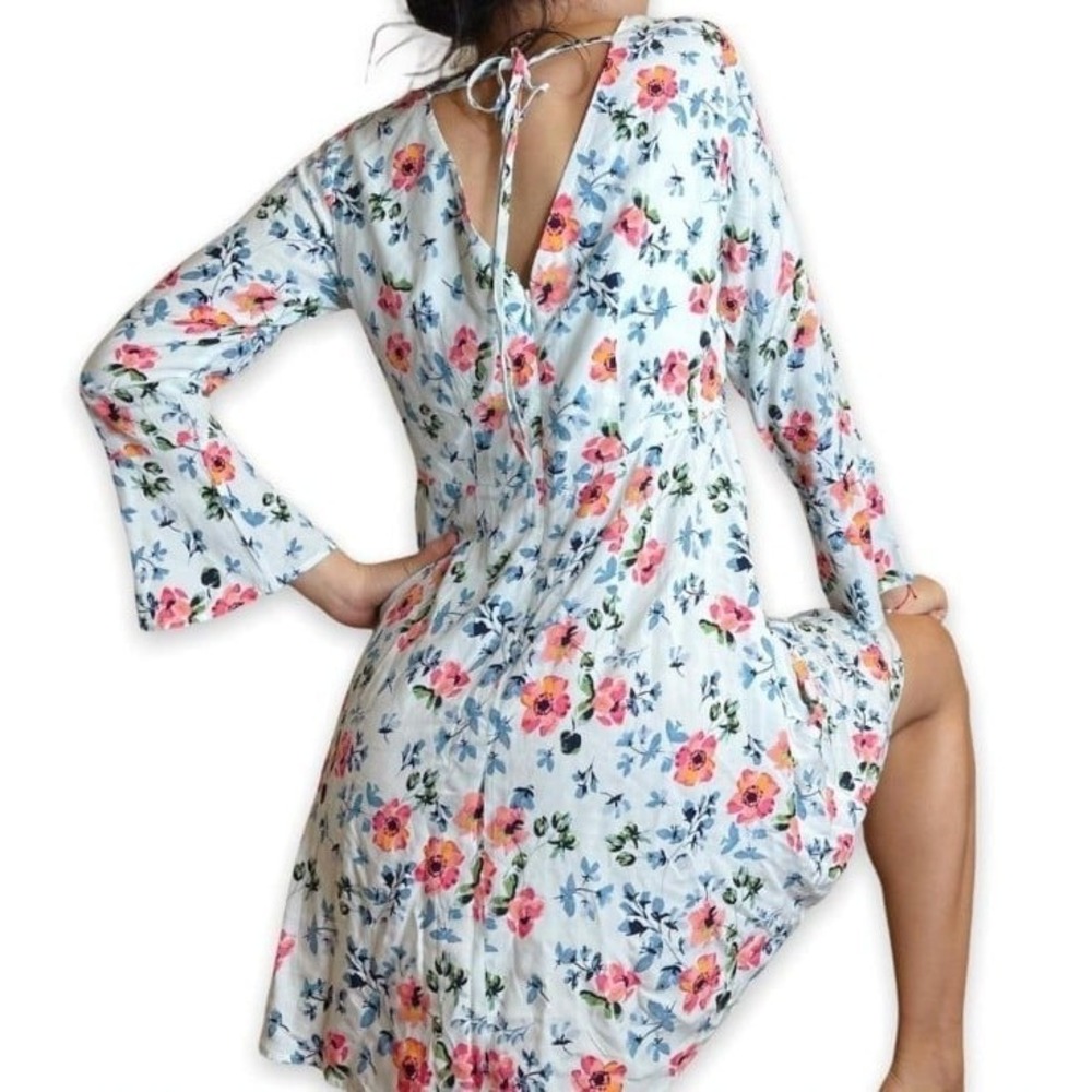 Loft White‎ Floral Print Long Sleeve Dress with Tie Back sz 12